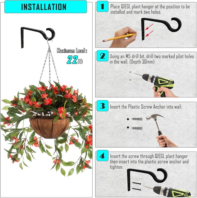 Hanging Plant Bracket 6inch Metal Plant Hook Shepherds Hook Decorative Wall Plant Hanger for Hanging Lanterns, Bird Feeder, Flower Basket, Home Decor Indoor & Outdoor 2 Pack (Black)