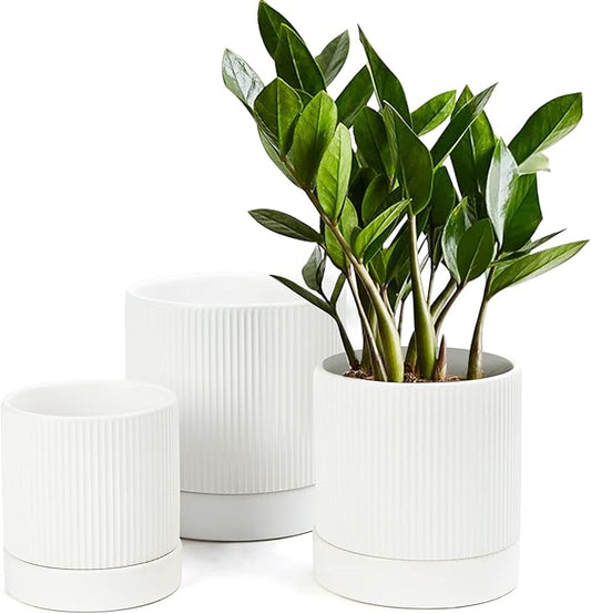LaDoVita 3 Pack Ceramic Plant Pots 6/5/4 inch, Flowerpot for Indoor Plants with Drainage Holes and Tray, Outdoor Garden Planters, Modern Decorative for Home, White Vertical Stripes