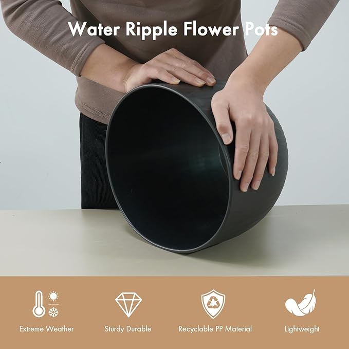 12 Inch Large Plant Pots for Indoor or Outdoor Plants, Wide Water Ripples Flower Pots with Drainage Holes & Saucer, Plastic Planters Set for Garden & Home Decor (Black)