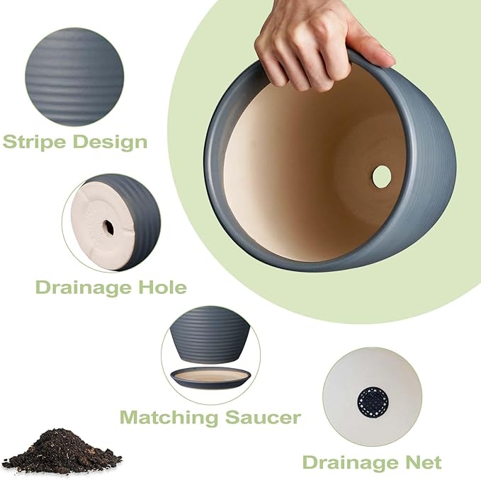 12 Inch Pots for Plants Ceramic Planter Pot Large Flower Pot with Drainage Hole and Saucer for Home Patio Garden Office Indoor Outdoor Gray