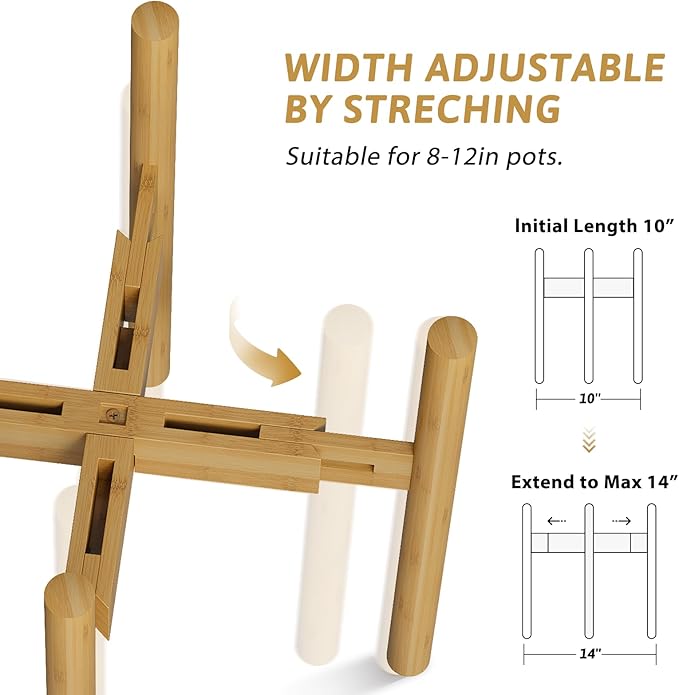 Adjustable Plant Stand Indoor, Bamboo Plant Holder 8 9 10 11 12 Inches, Small Corner Planter Stand for Indoor Plants, Single Floor Plant Stand for Living Room Balcony, Natural