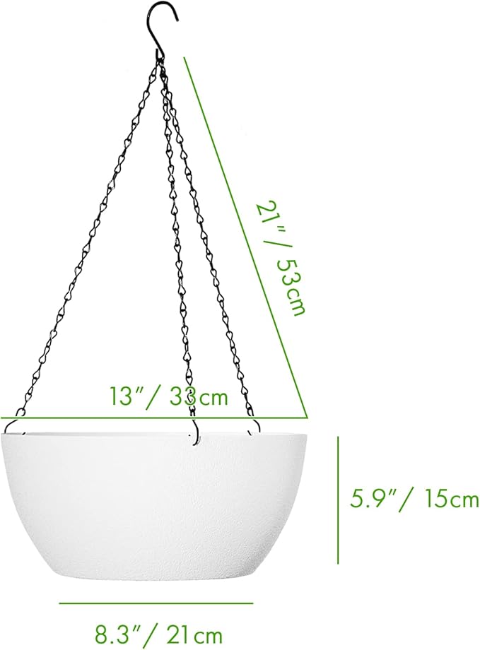 WOUSIWER 13 inch 2Pack Large Hanging Planters for Outdoor Indoor Plants with Drainage Holes and Chain, Round Hanging Flower Pots for Garden Home Porch Decor, White