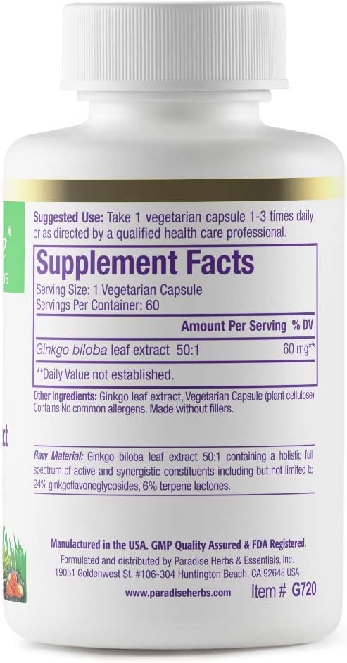 Paradise Herbs Ginkgo Biloba Extract, Super 60 Vegetarian