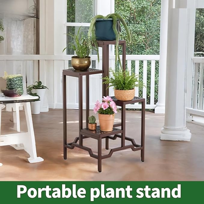 Plant Stand - Aluminum Indoor/Outdoor Flower Rack, Waterproof & Rust-Proof, Stable Support for Pots, Perfect for Living Room, Balcony, Garden, and Office (Brown, 4 Tier)