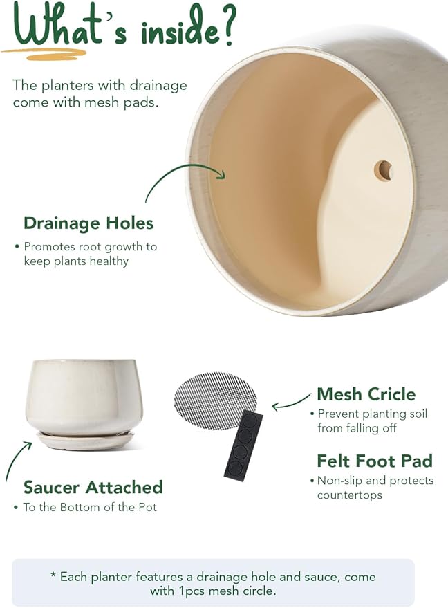 LE TAUCI Ceramic Planters, 10 Inch Pots for Plants, Indoor Plant Pots with Drainage Holes and Saucers, Modern Planters Fit Mid Century Plant Stand, Flower Pots for Indoor Plants, Reactive Glaze Beige