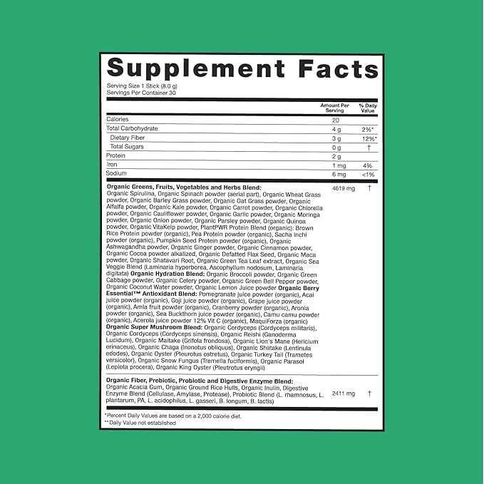 Zena Greens Organic Supergreens Powder 30 8g 8g Sticks |70+ Superfood 3G Fiber 0 Sugar