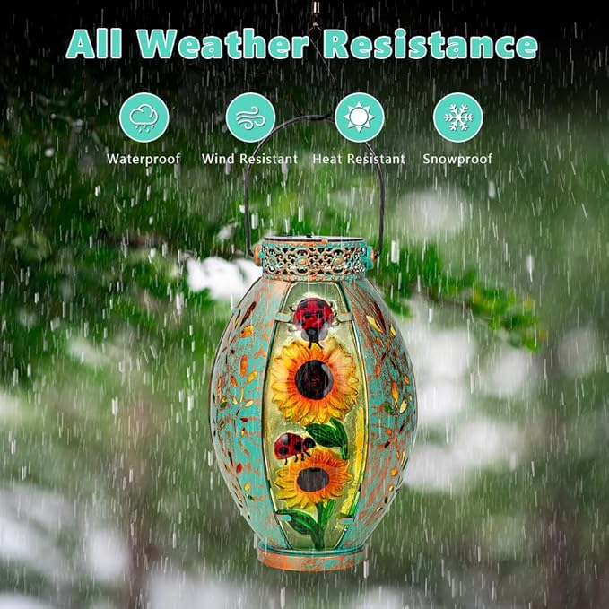Sunflower Solar Lanterns Outdoor Waterproof,Hanging Solar Lantern,Sunflower Lanterns Decorative Outdoor,Glass & Metal Solar Lights for Tabletop Patio Porch Decor