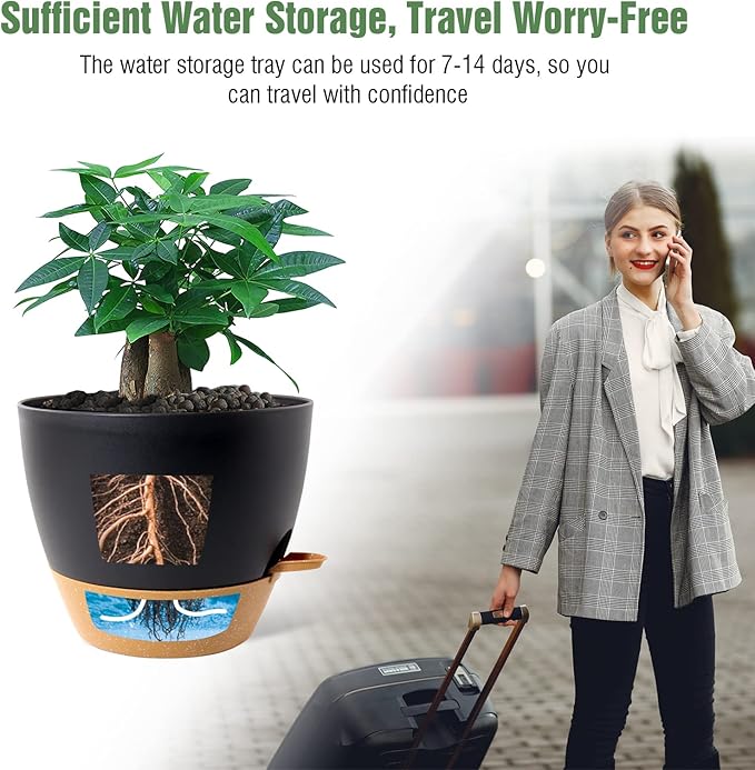 12 inch Large Self Watering Pots, Plastic Planters with 60oZ Removable Deep Reservoir and Multi Mesh Drainage Holes for Indoor Outdoor Garden Plants and Flowers, Black with Brown
