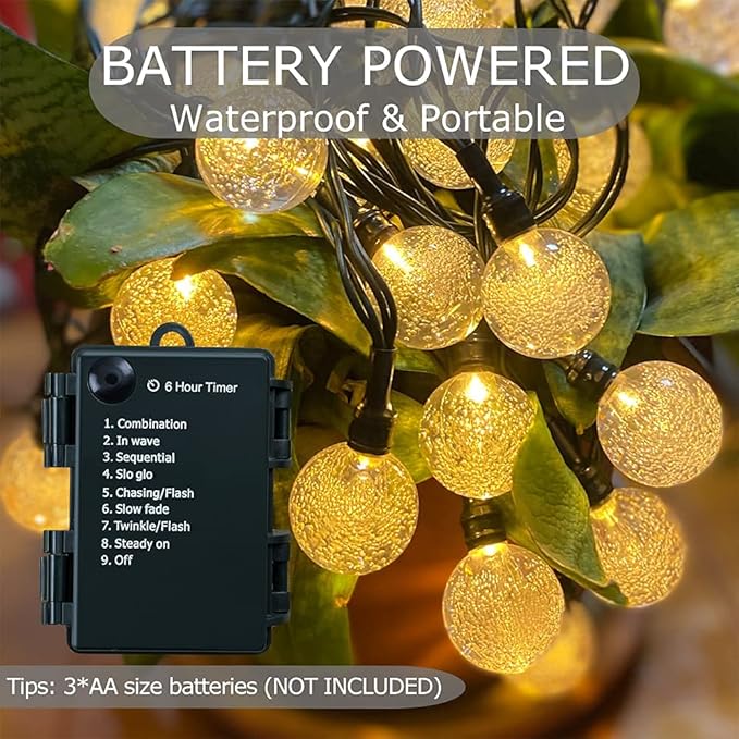 Battery Operated Globe String Lights - Indoor Outdoor String Lights Crystal Globe Lights 8 Modes 30 LED Patio Lights with Timer for Garden Balcony Pergola Party Decor, Warm White, 2 Pack