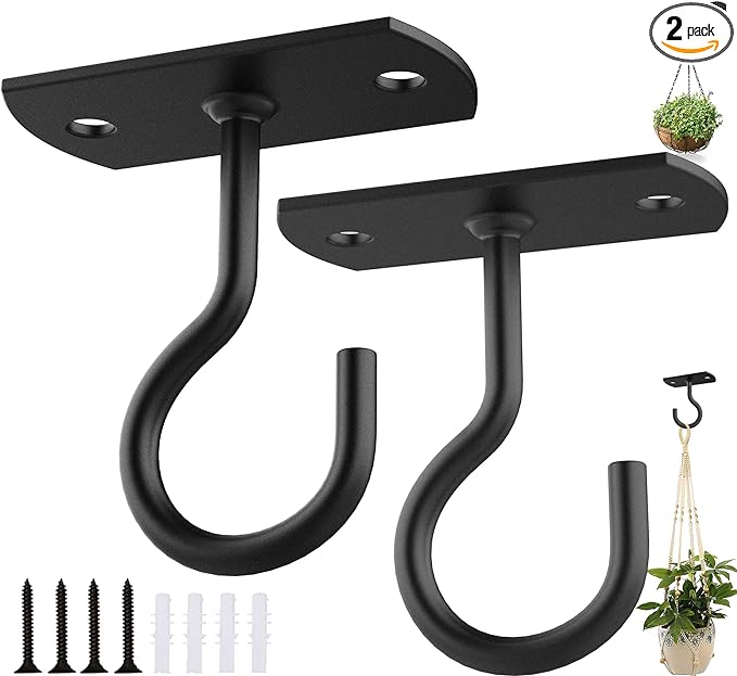 Ceiling Hooks for Hanging Plants 2Pack 2.5in,Wall Mount Hangers Plant Hooks,Wall Hooks for Plants,Lights,Planters,Lanterns,Hanging Bird Feeders,Wind Chimes,indoor&Outdoor Decoration Hooks Black