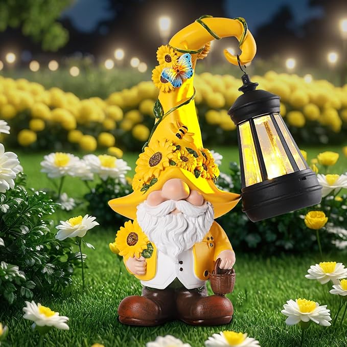 Solar Garden Decor - Sunflower Gnome Statue with Lantern 9.1" Garden Gnomes Outdoor Funny Solar Statues Yard Porch Lawn Patio Decor Gardening Gift for Women Mom Grandma Wife Girlfriend