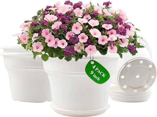 9 Inch Plastic-Flower Pot-for-Indoor Plants, 4 Pack Large Outdoor Planter Pot with Drainage Holes & Saucers, Resin Decorative Garden Pots Planters