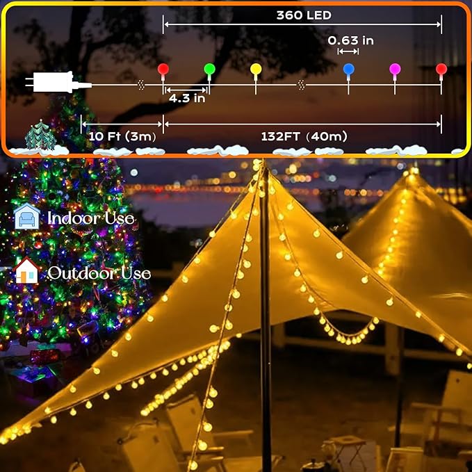 360 LED String Lights 132ft, 9 Lighting Modes Plug in Fairy String Lights for Bedroom Classroom Patio Garden Wedding Party Christmas Tree Outdoor Indoor Decorations (Warm White to Multicolor)