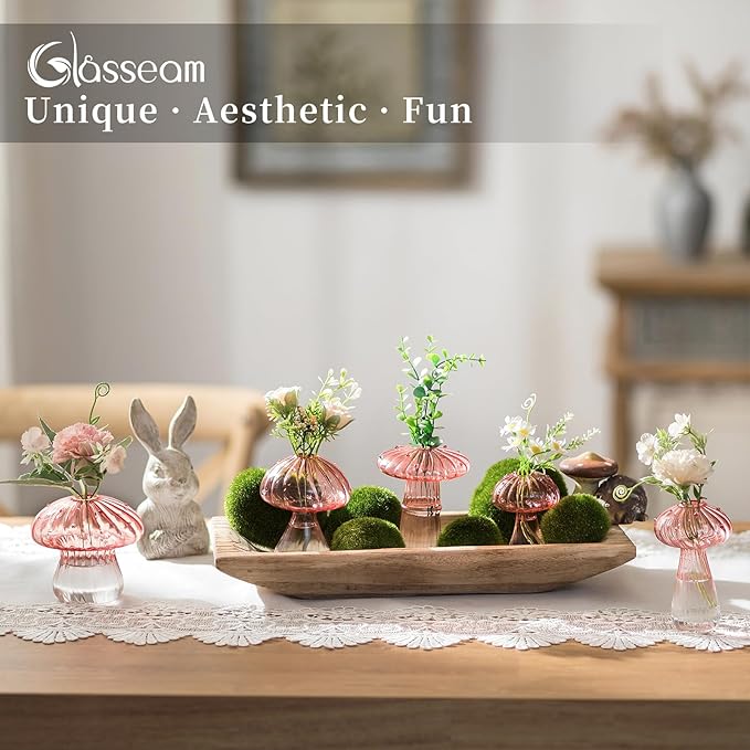 Glasseam Mushroom Plant Propagation Stations: Pink Glass Terrarium Jar Set of 10 Cute Planters for Indoor Plants Mini Propagate Station Unique Christmas Birthday Gifts for Women Home Office Decor
