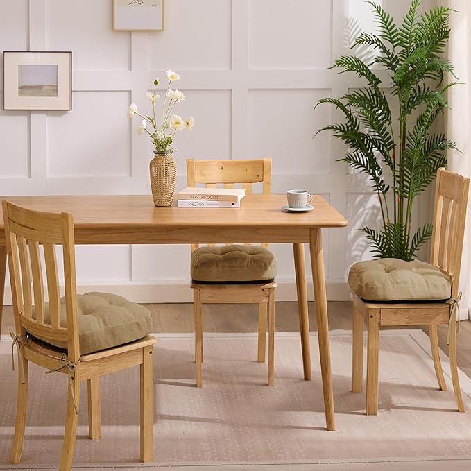 Chair Cushions for Dining Chairs, Dining Chair Cushions, Tufted Indoor Chair Pads with Ties & Non Slip Backing, Seat Cushions for Kitchen Chairs 16.5” x 16.5” x 3.5”, Set of 6, Khaki