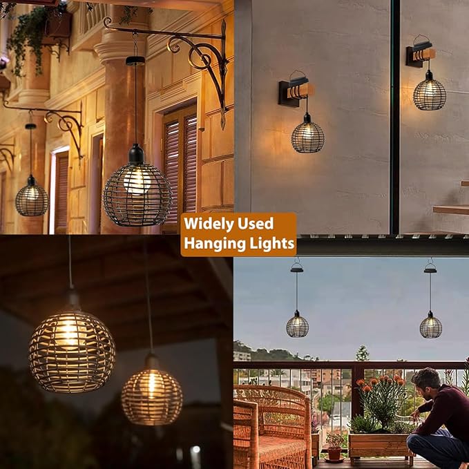 Hanging Solar Lantern Lights Waterproof, Outdoor Chandelier with G50 Warm White LED Bulbs, Black Rattan Globe Shades, Solar Decorative Lights for Patio Tree Pergola Gazebo Porch Garden-2Pack