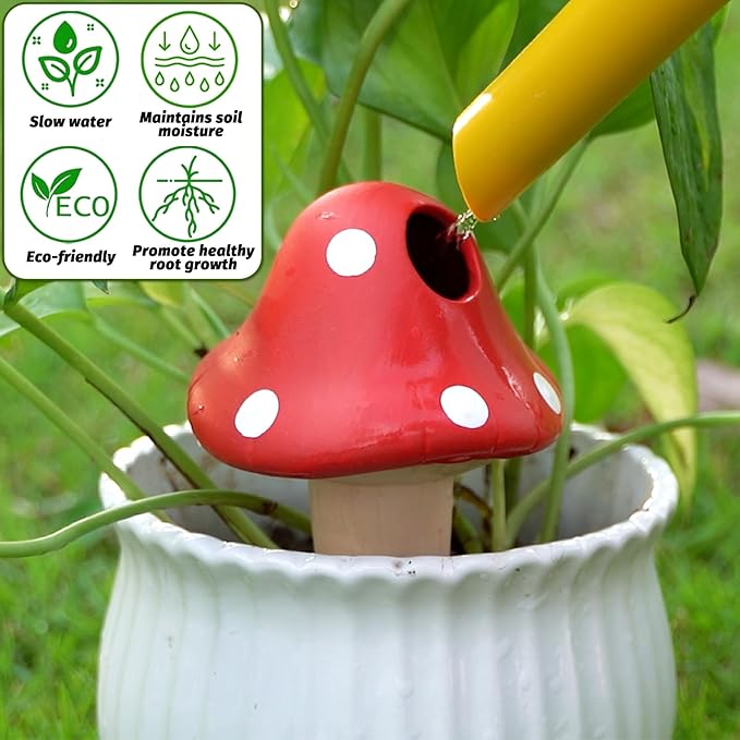 Terracotta Self Watering Spikes, 4 Pack Mushroom Self Watering Planter Insert, Vacation Plant Slow Release Watering Devices for Indoor Outdoor Plants, Colorful Large Water Globes