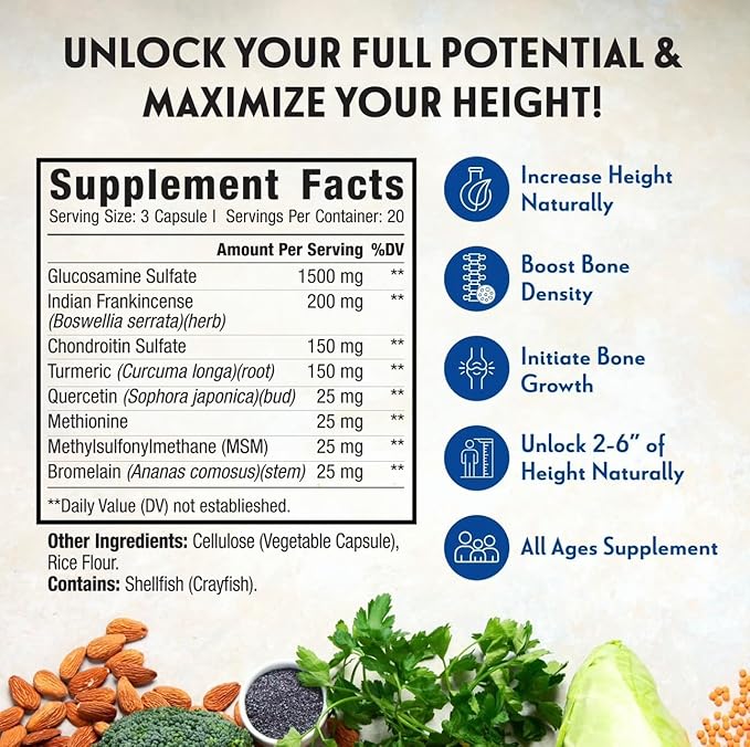Doc Certfied | Height Growth Supplement | Natural Maximizer to Grow Taller & Initiate Bone Growth for Teens, Kids & Adults | Clinically Tested Ingredients That Work | 8 Powerful Ingredients - 60 Caps