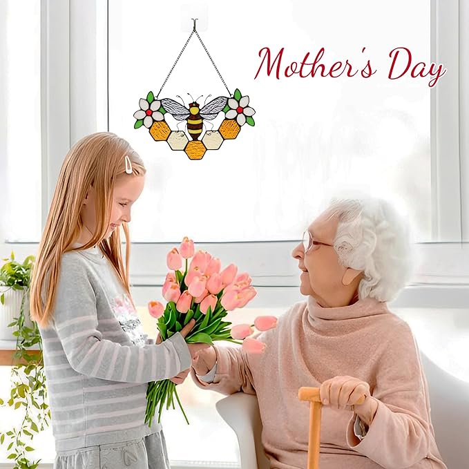 Bee Decor Stained Glass Window Hanging,Honeybee Honeycomb with Flowers Suncatcher for Window,Wall Art Ornaments,Birthday Gifts for Women,Friends,Housewarming Gift