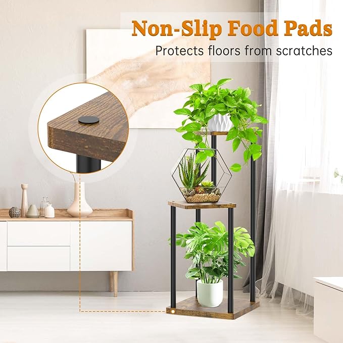 3 Tier Plant Stands Indoor, Metal Wood Tiered Corner Plant Stand Pot Holder, Wood Flower Shelf Display Rack for Living Room Bedroom Outdoor Balcony Garden Patio, Black