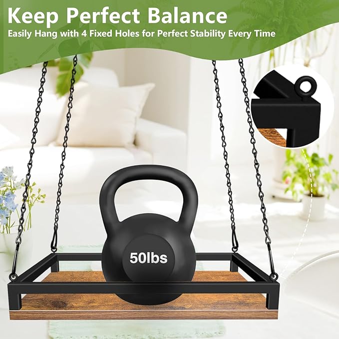 Plant Hanger Indoor, 16" Wooden Hanging Plant Holder with Metal Frame Large Hanging Planter for Indoor Plants Load 50LB Hanging Plant Shelf with 27.6" Long Chain, Ideal for Heavier Pots Window Ceiling