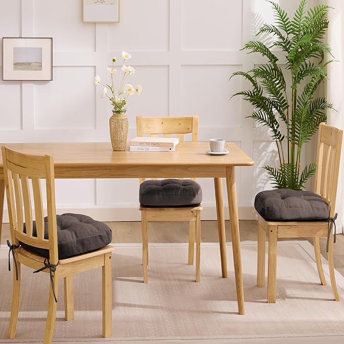 Chair Cushions for Dining Chairs, Dining Chair Cushions, Tufted Indoor Chair Pads with Ties & Non Slip Backing, Seat Cushions for Kitchen Chairs 16.5” x 16.5” x 3.5”, Set of 6, Brown