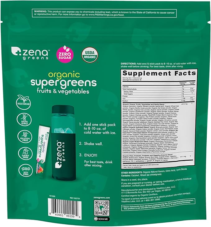 Zena Greens Organic Supergreens Powder 30 8g 8g Sticks |70+ Superfood 3G Fiber 0 Sugar