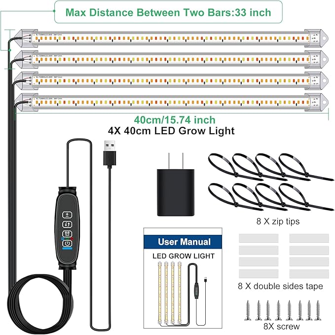 16 in Plant Grow Light Strips,120 LEDs Grow Lights for Indoor Plants Full Spectrum with 3/9/12H Timer & 10 Dimmable Levels,Sunlight Plant Growing lamp for Hydroponics Succulent 4 Heads