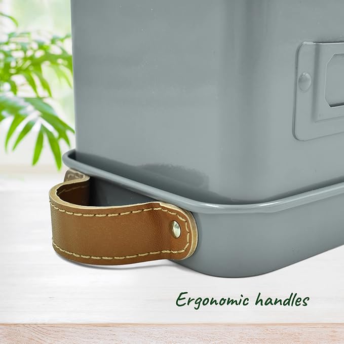 Herb Planter Indoor - Set of 3 Grey Indoor Herb Garden Pots for Plants with Leather Handled Tray - Window Sill Plant Shelf - Herb Pots with Drainage Holes and Labels