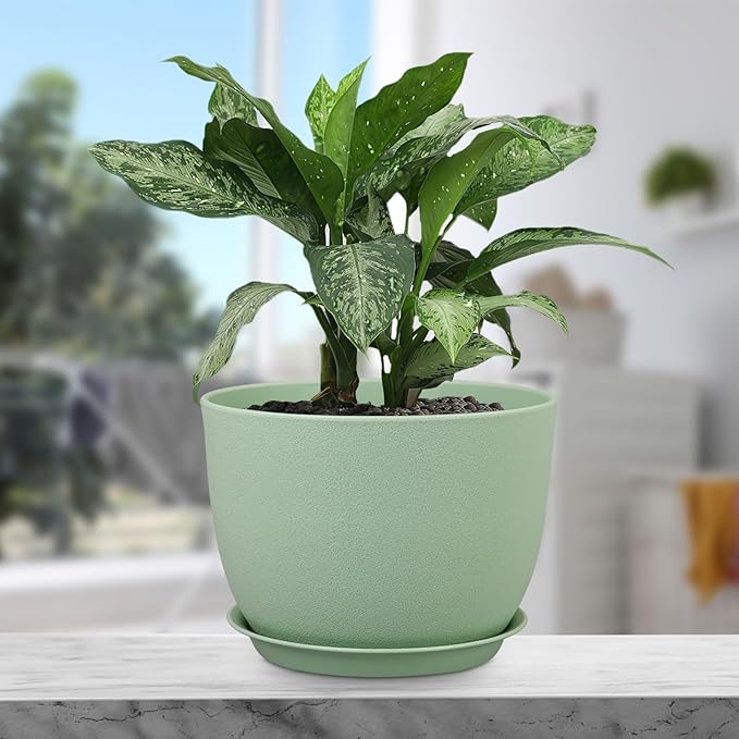 12 inch Big Plant Pots, Plastic Planters with Drainage Holes and Trays, Flower Pots for Indoor Outdoor Plants, Modern Decorative Pots for Garden House Plants, Green