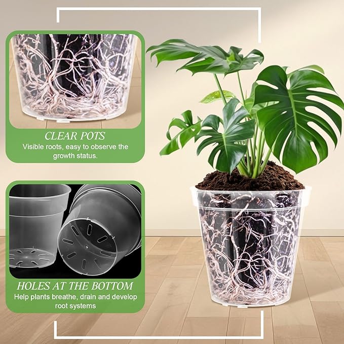 Vesici Large Size Clear Nursery Pots Variety Pack Plant Pots with Drainage Holes Planters for Indoor Plants Flexible Transparent Plastic Plant Bottle Succulents(24 Pcs,4/5/6/7/8/9 Inch)