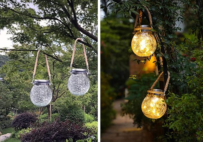 2 Pack Hanging Solar Powered LED Lights,Cracked Glass Ball Light, Waterproof Outdoor Christmas Decorative Lantern for Garden, Yard, Patio, Lawn(Warm White)