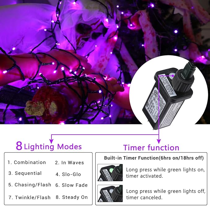 Purple Halloween String Lights, 82ft 200 LED With 8 Modes, Waterproof Low Voltage for Party, Garden, Indoor Outdoor Decorations