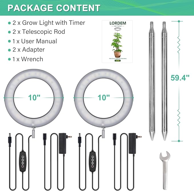 LORDEM 10" Full Spectrum Plant Light, 160 LEDs Large Grow Light for Indoor Tall Plants, Growing Lamp with 4/8/12H Auto Timer, 10 Dimmable Levels, 3 Spectrum Modes, 61" Height Adjustable, Pack of 2