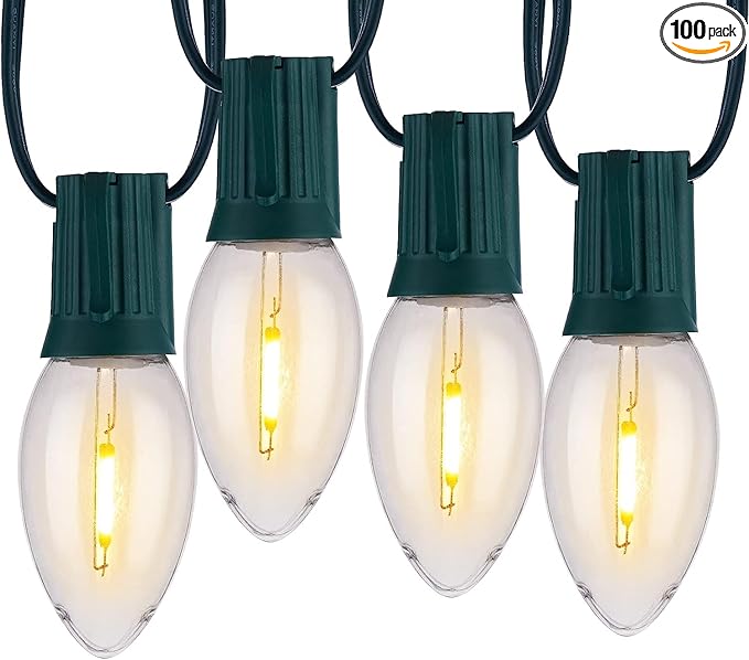 Vintage C9 LED Christmas Lights, 100 Feet C9 String Lights with 100 LED C9 Plastic Bulbs, Waterproof Connectable Lights for Christmas Tree Roofline Garden Patio Backyard Cafe Decor, Warm White