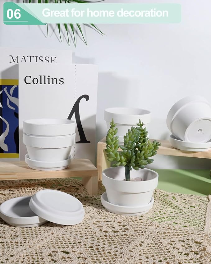 vensovo 4.5 Inch White Terracotta Shallow Succulent Pots - 6 Pack Terra Cotta Clay Pot with Saucer, Cacuts Indoor and Outdoor Planters with Drainage Hole