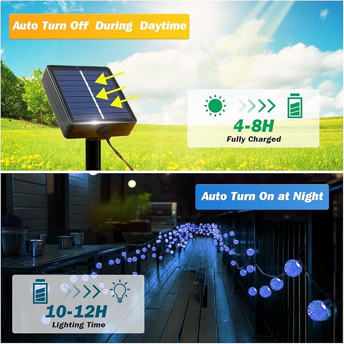 Solar Lights Outdoor Waterproof, 2 Pack Total 200LED 110FT Solar String Lights for Outside w/ 8 Modes, Outdoor String Lights Crystal Globe Patio Lights for Garden Yard Party Decor(Blue)