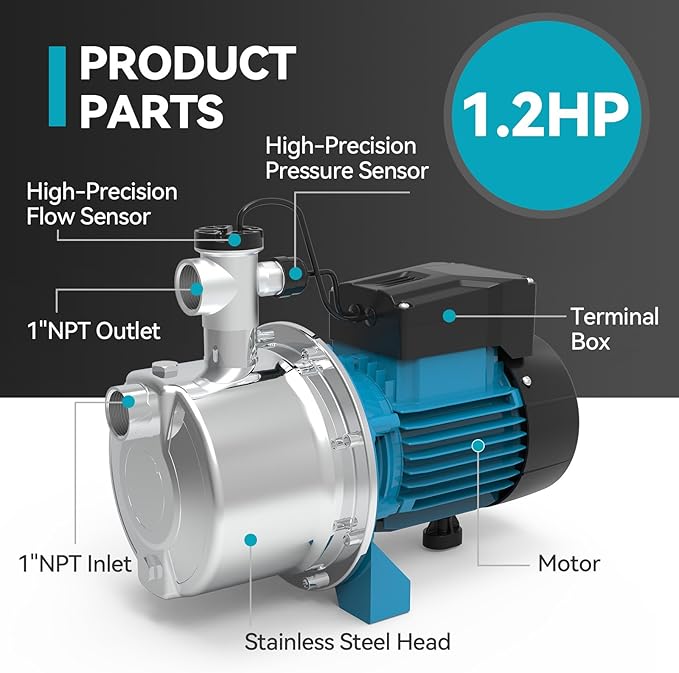 1.2 HP Smart Control Booster Jet Pump, 1200 GPH 115V Stainless Steel Shallow Well Pump with Automatic On/Off for Home, Garden, Farm Irrigation, and Sprinkler Systems, Enhanced Water Pressure