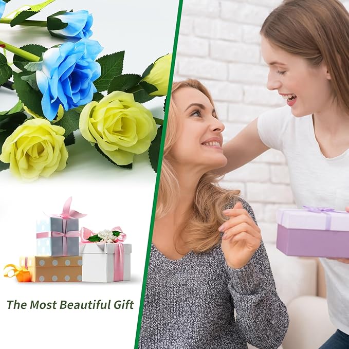 Solar Garden Lights - Realistic 20 Rose Waterproof Solar Flowers for Outside Patio Yard Pathway & Christmas Decorations, Blue & Yellow