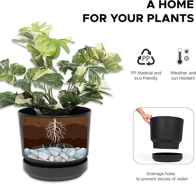 Elly Décor 14 inch Plastic Cylinder Planter Pot with Self-Watering Saucer and Drainage Hole,Lightweight & Extremely Durable, 14"x 14", Black