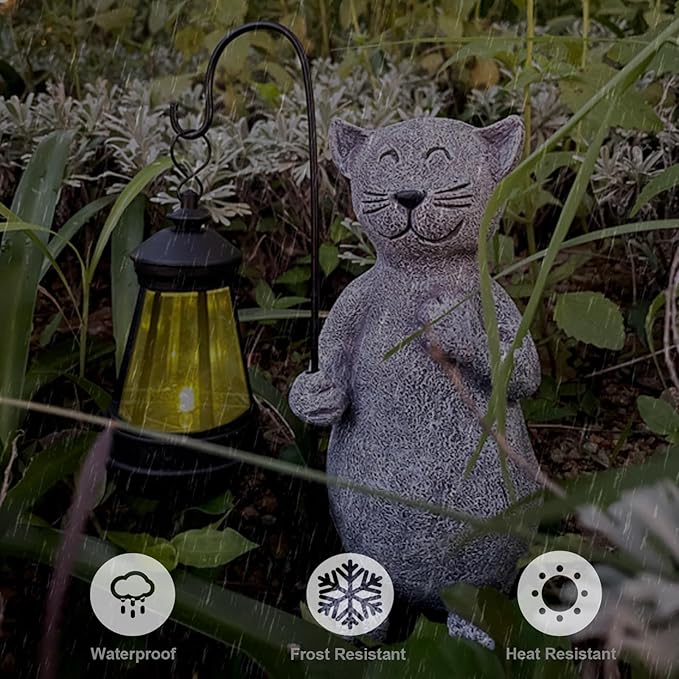 lightsfever Animal Garden Statue with Solar Lantern, Cute for Patio,Balcony,Yard, Lawn, Gift for Grandma, Garden Gifts Women, Outdoor Decor, Gardening Gifts (Gray Cat)