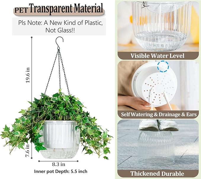 Melphoe 1 Pack Self Watering Hanging Planters Indoor Flower Pots, 8.3 Inch Outdoor Hanging Plant Pot Basket, Plant Hanger with 3Hooks Drainage Holes for Garden Home