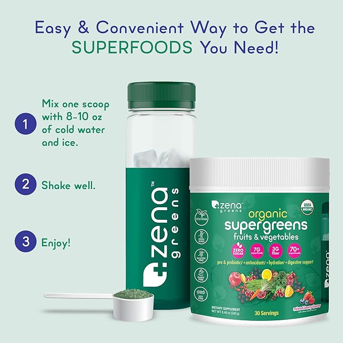 Zena Greens Organic SuperGreens Powder 30 Day 70+ Superfood 3G Fiber 0 Sugar