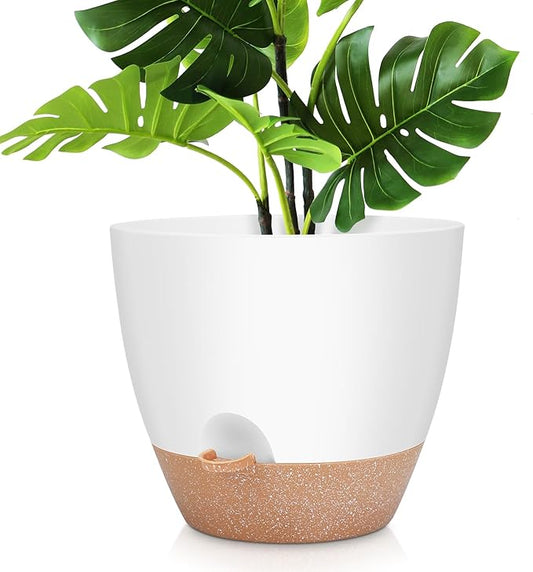 12 Inch Large Self Watering Plant Pot Set, Flower Pots with Multi-Mesh Drainage Holes and Saucer, Suitable for Indoor and Outdoor Garden Plants, White.