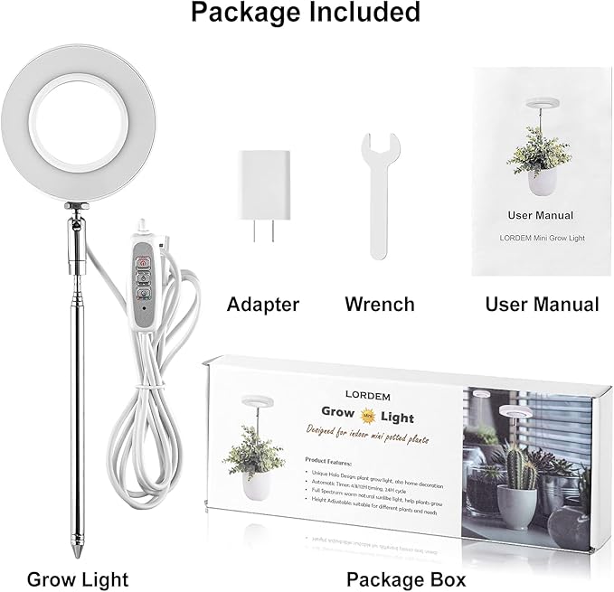 LORDEM Grow Light, Full Spectrum LED Plant Light for Indoor Plants, Height Adjustable Growing Lamp with Auto On/Off Timer 4/8/12H, 4 Dimmable Brightness, Ideal for Small Plants