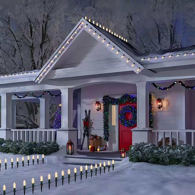 38Ft C9 Led Christmas Pathway Lights Outdoor, 25 C9 LED Warm White Bulbs String Lights Waterproof with Stakes, Connectable Christmas Walkway Lights for Outdoor Yard Lawn Sidewalk Driveway Decor
