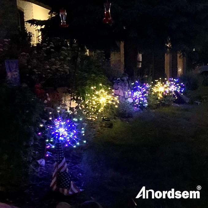 Anordsem Solar Garden Lights Outdoor Waterproof: Fireworks String Light Remote Control for Yard Decorative - LED Sparkler Lamp 4 Pack with 8 Lighting Modes for Patio Pathway Proch House Decor