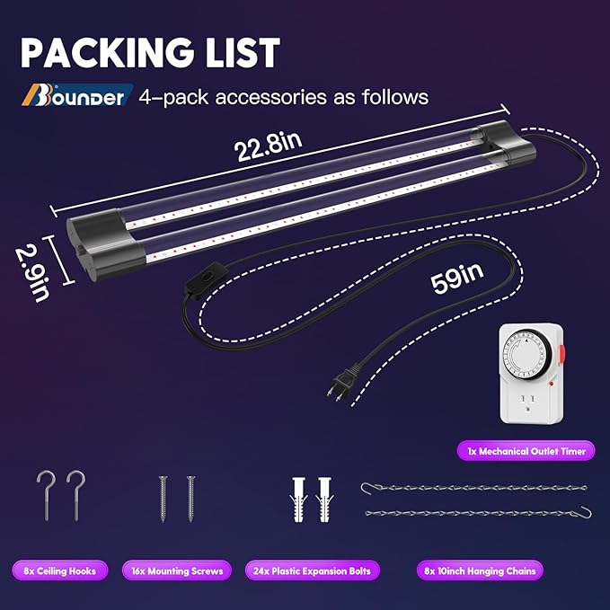 BBOUNDER 2ft 4 Pack Grow Lights for Indoor Plants with Mechanical Outlet Timer, 80W (4x20W, 440W Equivalent), Red Blue Full Spectrum, Linkable LED Grow Light for Hydroponic Indoor Plant Seedling Veg