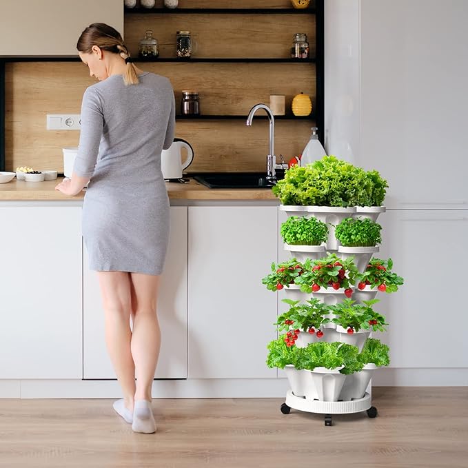 7 Tiered Strawberry Vertical Planters, 2 Pack Stacking Tower Garden with Support Pole, Stackable Herb Vegetable Planters Indoor Outdoor White