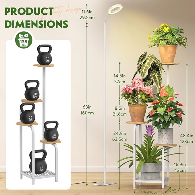 TOSKING 48" Tall Plant Stand Indoor with Full Spectrum LED Grow Lights & Timer – 5-Tier Corner Plant Shelf for Home, Office, Balcony (Grow Light 5 Tier-White)